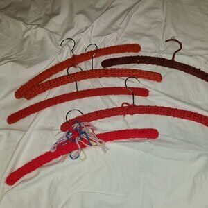 Lot Of 6 Vintage Handmade Crocheted / Knitted Wooden Hangers Red Colors